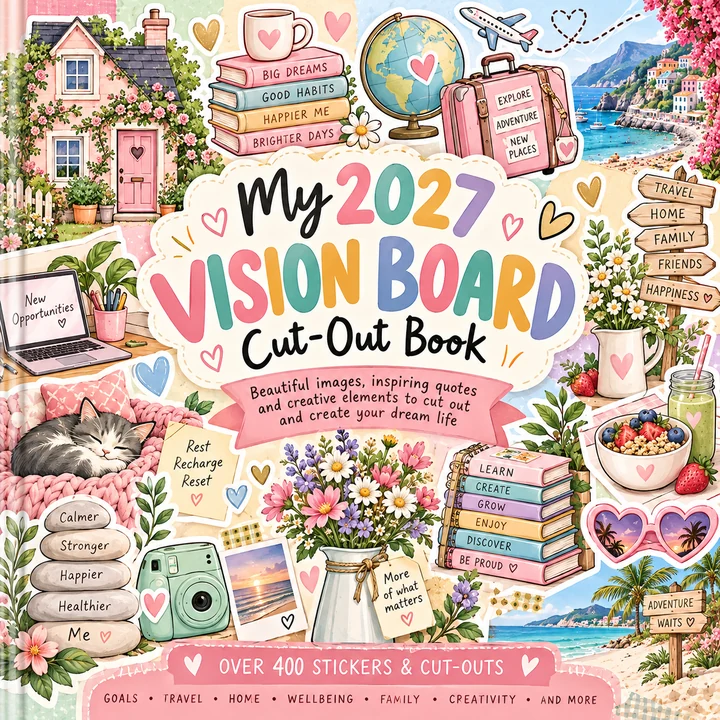 My 2027 Vision Board Cut-Out Book — colourful collage of a cosy home, travel, flowers and creative dreams