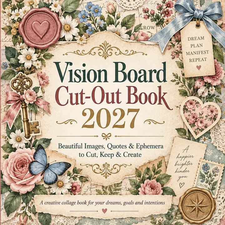 Vision Board Cut-Out Book 2027 — vintage flowers, blue ribbons, butterfly and paper ephemera